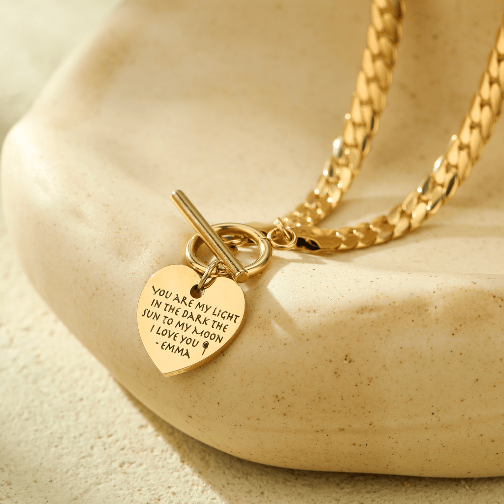 Snake Bone Chain Engraving Heart Necklace - Ornaments Co - 18K Gold Plated